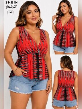 Curve V-Neck Red Sleeveless Peplum Top